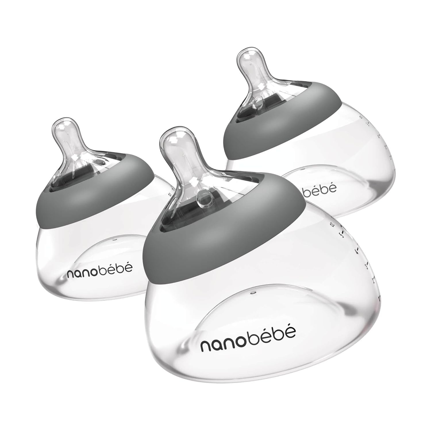 image:imageNanobebe Breastmilk Baby Bottle 3 Pack 5oz Grey Preserves Breastmilk Nutrients Anti Colic Triple Vented Nipple Fast Heating Breast Shaped Bottle for Easy Transition BPA FreeGray