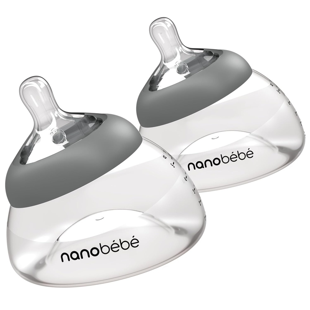 image:imageNanobebe Breastmilk Baby Bottle 3 Pack 5oz Grey Preserves Breastmilk Nutrients Anti Colic Triple Vented Nipple Fast Heating Breast Shaped Bottle for Easy Transition BPA FreeGray